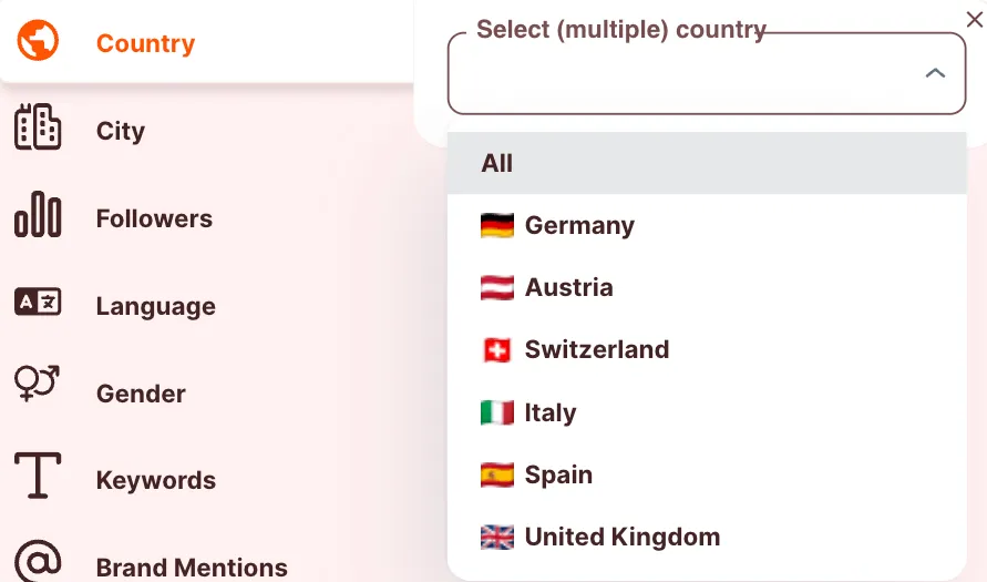 Influencer Suche -  Mehrere Länder für die Suche auswählen