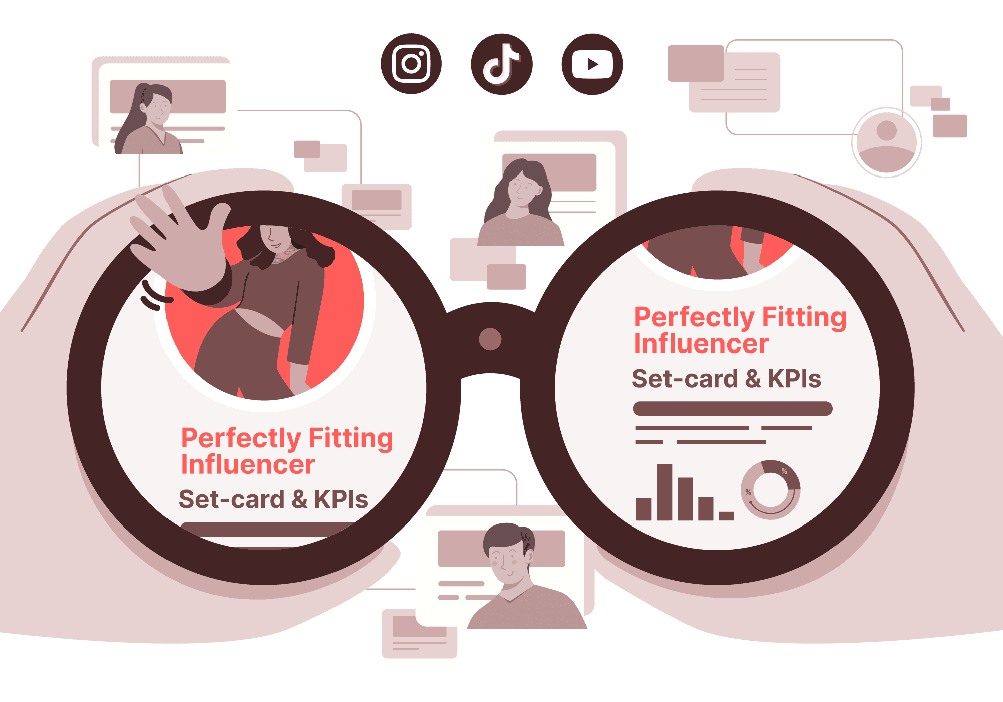 Binoculars, through which you see set-cards of influencers, trying to identify influencers that are a perfect fit for your own company and your target group