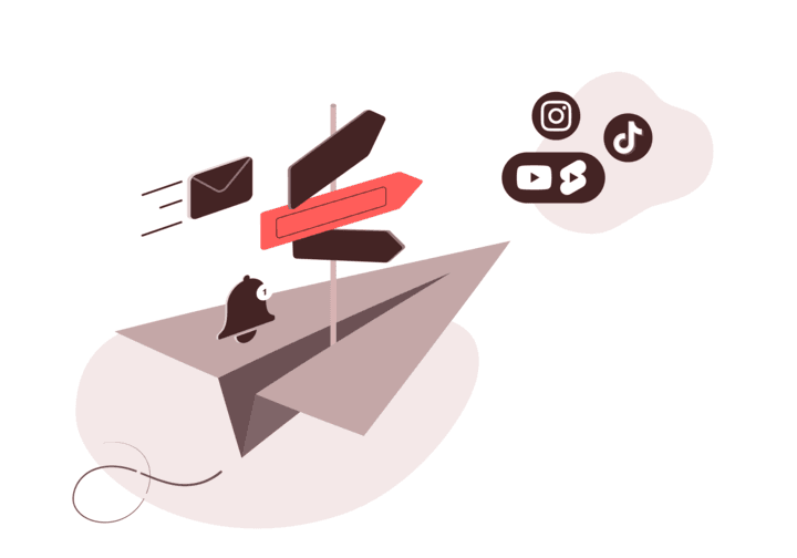A paper airplane with a signpost, a bell and a mail on it is launched towards Social Media symbols, denoting how to effectively contact influencers